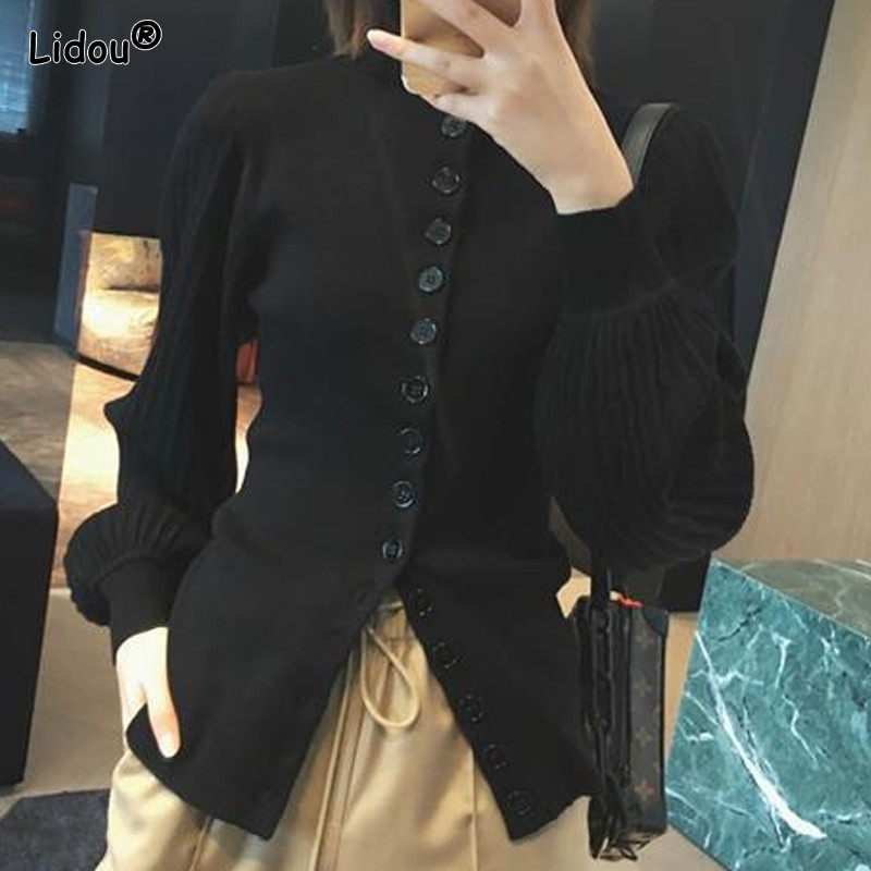 Tanka dolčevita s dugmadima i lanternastim rukavima Jednobojna temperamentna uredska dama Jesen Zima Tanka ženska odjeća Džemperi Intelektualne