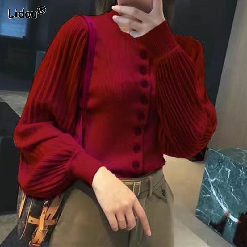 Tanka dolčevita s dugmadima i lanternastim rukavima Jednobojna temperamentna uredska dama Jesen Zima Tanka ženska odjeća Džemperi Intelektualne