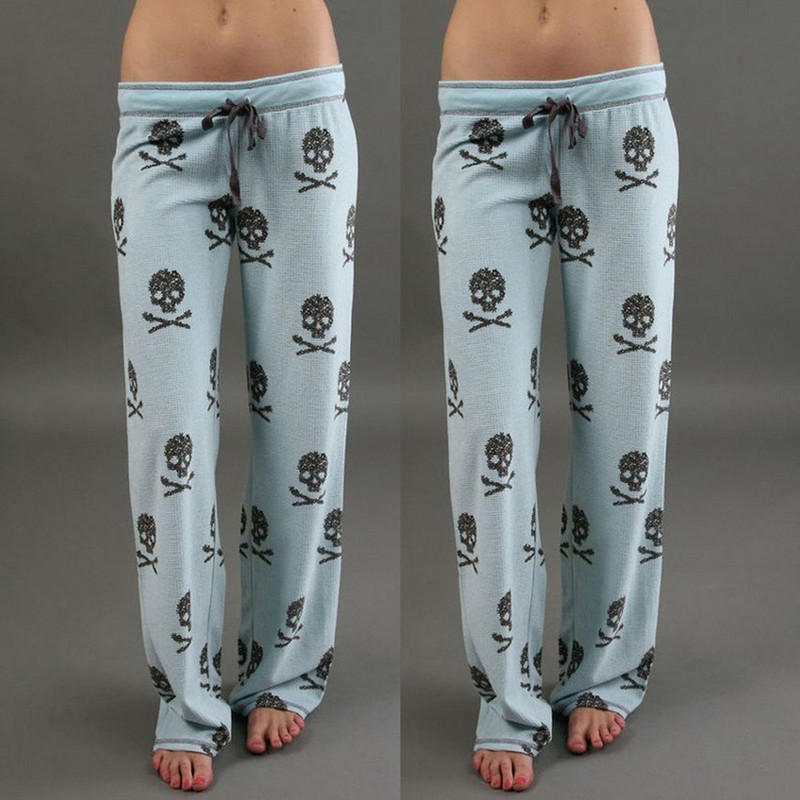 Kõrge vöökohaga püksid pealuu trükitud pidžaama kodus vabaaja Palazzo säärised püksid laiad pikad püksid suvised naiste püksid Palazzo