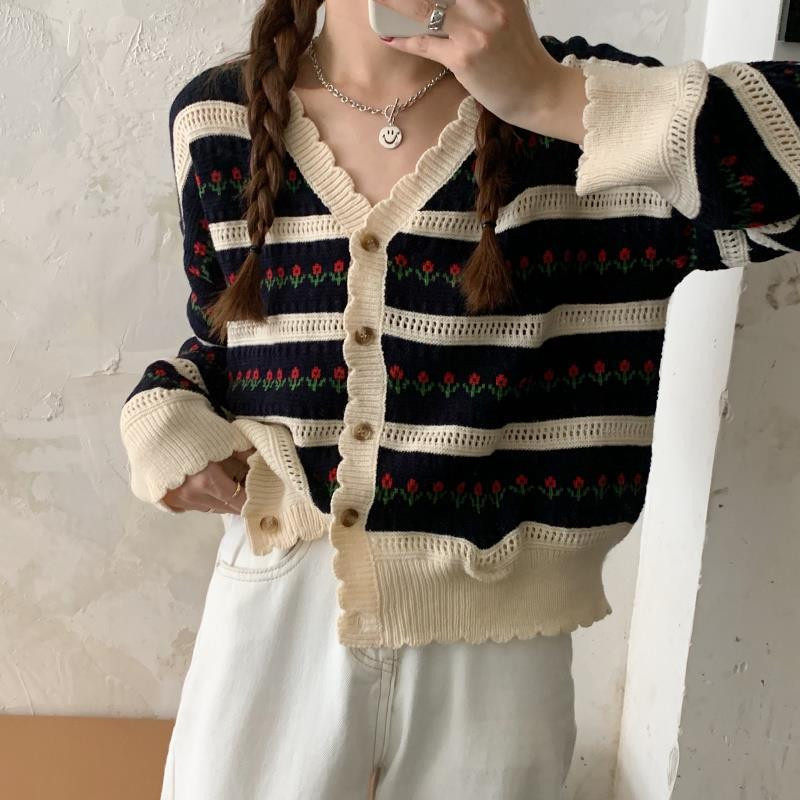 Prugasti kardigan dugih rukava, kratki slatki v-izrez, jesenski studentski korejski modni džemper slobodnog dizajna s osjećajem niše