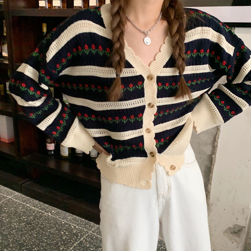 Prugasti kardigan dugih rukava, kratki slatki v-izrez, jesenski studentski korejski modni džemper slobodnog dizajna s osjećajem niše