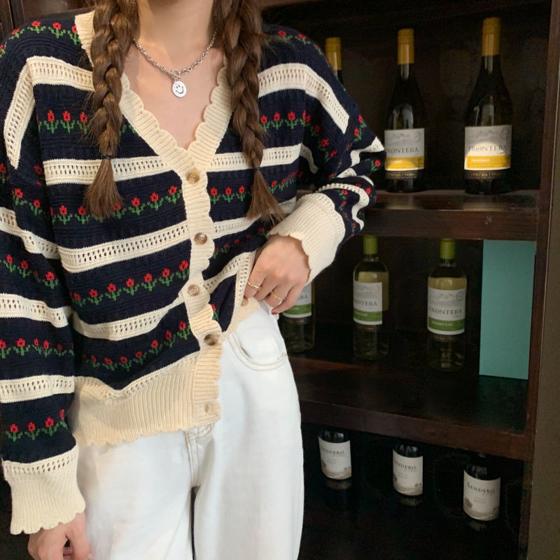 Prugasti kardigan dugih rukava, kratki slatki v-izrez, jesenski studentski korejski modni džemper slobodnog dizajna s osjećajem niše