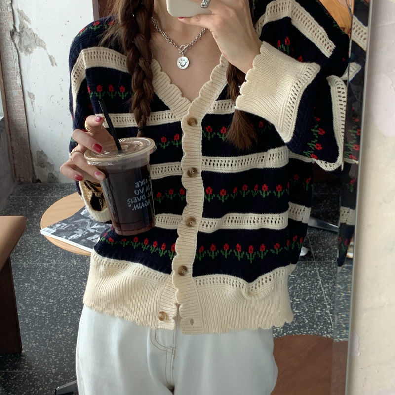Prugasti kardigan dugih rukava, kratki slatki v-izrez, jesenski studentski korejski modni džemper slobodnog dizajna s osjećajem niše