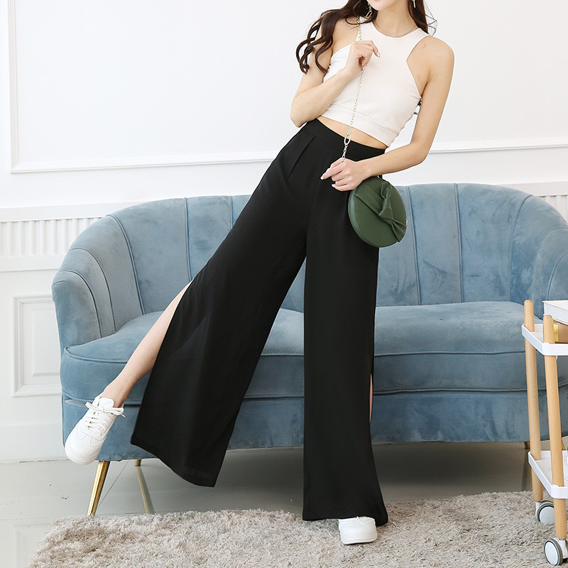 WKOUD Γυναικείο παντελόνι με φαρδύ πόδι μαύρο μασίφ σιφόν χαλαρό 2022 Y2K καλοκαιρινό λεπτό παντελόνι Ψηλόμεσο παντελόνι σπαστό στο πλάι Γυναικείο P8383