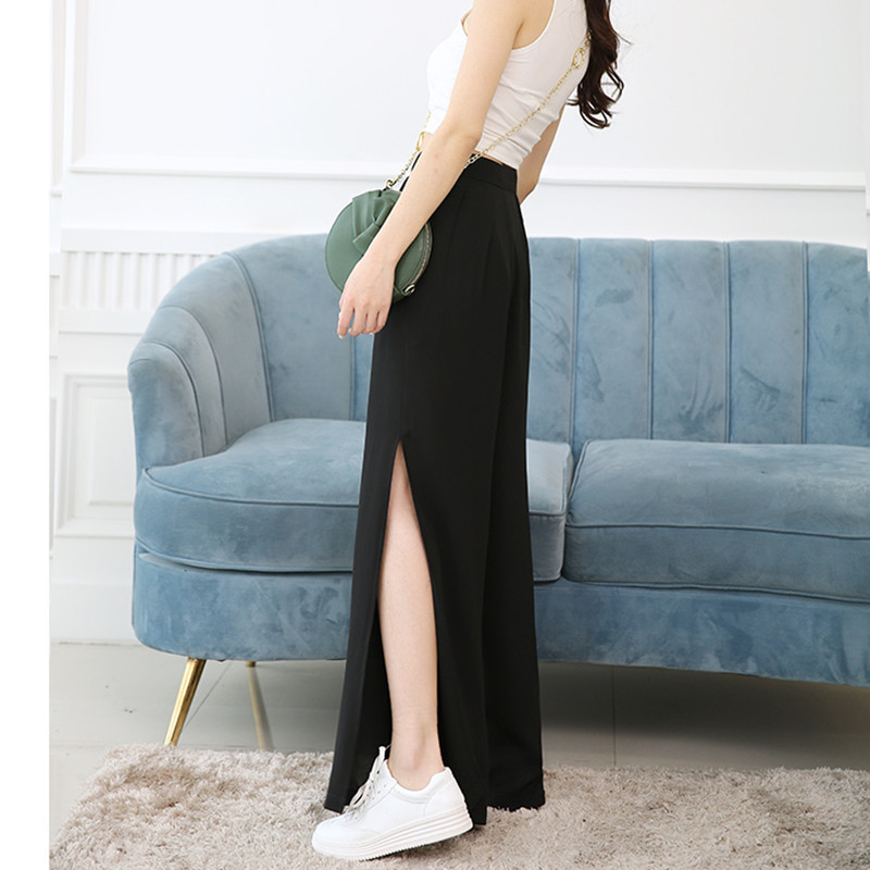 WKOUD Γυναικείο παντελόνι με φαρδύ πόδι μαύρο μασίφ σιφόν χαλαρό 2022 Y2K καλοκαιρινό λεπτό παντελόνι Ψηλόμεσο παντελόνι σπαστό στο πλάι Γυναικείο P8383