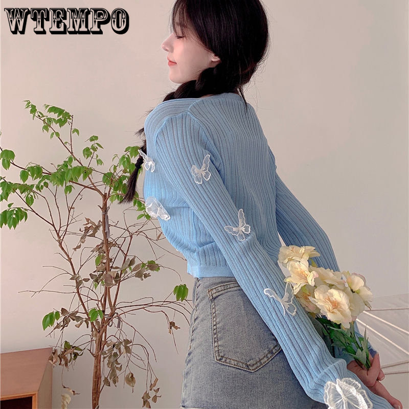 WTEMPO Slatki pleteni kardigani s leptirima Ženski korejski seksi džemper s V-izrezom i kratkim gumbima Ljetni kratki rukavi s kremom za sunčanje