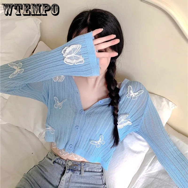 WTEMPO Slatki pleteni kardigani s leptirima Ženski korejski seksi džemper s V-izrezom i kratkim gumbima Ljetni kratki rukavi s kremom za sunčanje