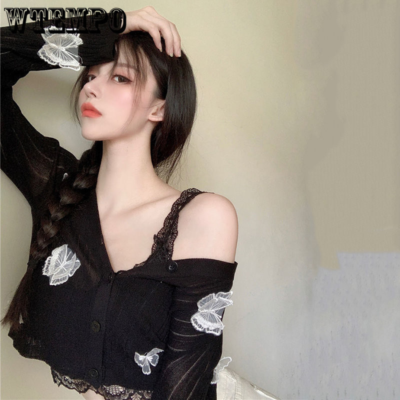 WTEMPO Slatki pleteni kardigani s leptirima Ženski korejski seksi džemper s V-izrezom i kratkim gumbima Ljetni kratki rukavi s kremom za sunčanje