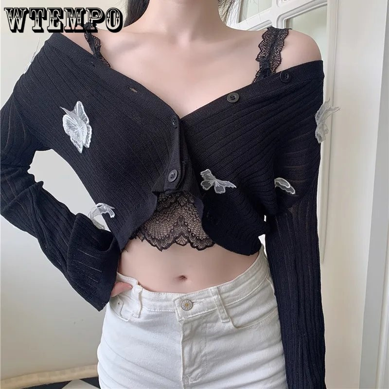 WTEMPO Slatki pleteni kardigani s leptirima Ženski korejski seksi džemper s V-izrezom i kratkim gumbima Ljetni kratki rukavi s kremom za sunčanje