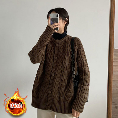 Ženski kardigan za jesen, dnevni, sveobuhvatan, jednostavan, elegantan, za slobodno vrijeme, korejski stil, pleteni vintage šik, labav, jednobojni, dugih rukava