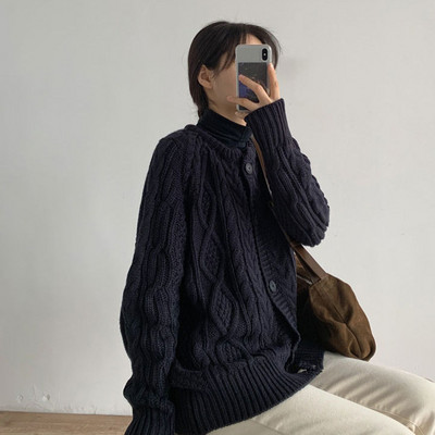 Ženski kardigan za jesen, dnevni, sveobuhvatan, jednostavan, elegantan, za slobodno vrijeme, korejski stil, pleteni vintage šik, labav, jednobojni, dugih rukava