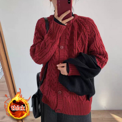 Ženski kardigan za jesen, dnevni, sveobuhvatan, jednostavan, elegantan, za slobodno vrijeme, korejski stil, pleteni vintage šik, labav, jednobojni, dugih rukava