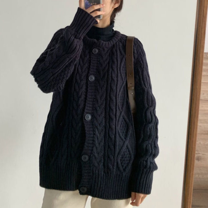 Ženski kardigan za jesen, dnevni, sveobuhvatan, jednostavan, elegantan, za slobodno vrijeme, korejski stil, pleteni vintage šik, labav, jednobojni, dugih rukava