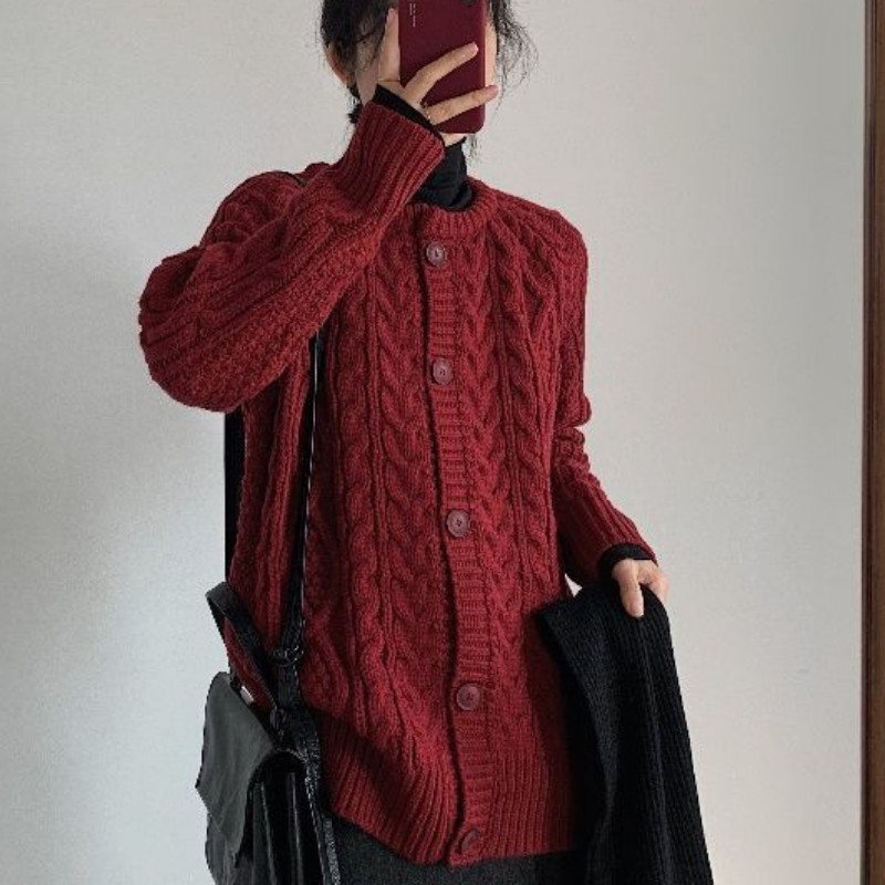 Ženski kardigan za jesen, dnevni, sveobuhvatan, jednostavan, elegantan, za slobodno vrijeme, korejski stil, pleteni vintage šik, labav, jednobojni, dugih rukava