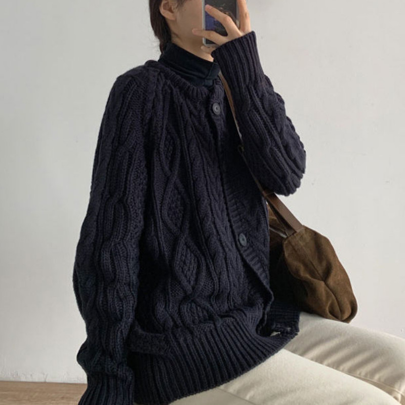 Ženski kardigan za jesen, dnevni, sveobuhvatan, jednostavan, elegantan, za slobodno vrijeme, korejski stil, pleteni vintage šik, labav, jednobojni, dugih rukava