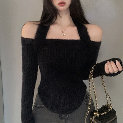 Naiste õlgadeta pulloverid, disainitud päitsetega Seksikad kärbitud kampsunid High Street Stiilsed, ühevärvilised punased õhukesed kuduvad džemprid