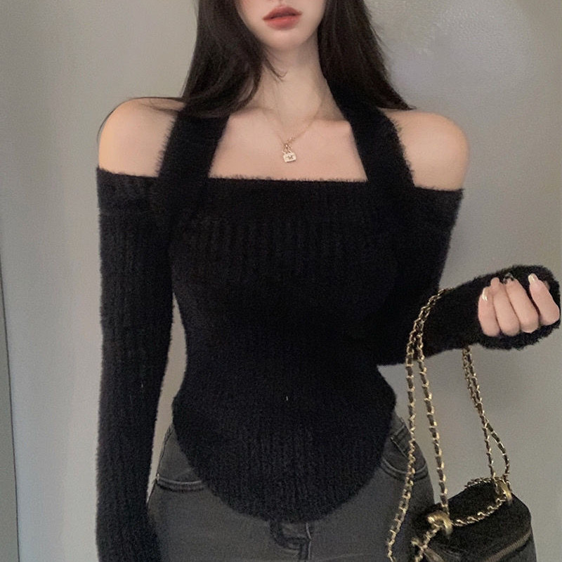 Naiste õlgadeta pulloverid, disainitud päitsetega Seksikad kärbitud kampsunid High Street Stiilsed, ühevärvilised punased õhukesed kuduvad džemprid