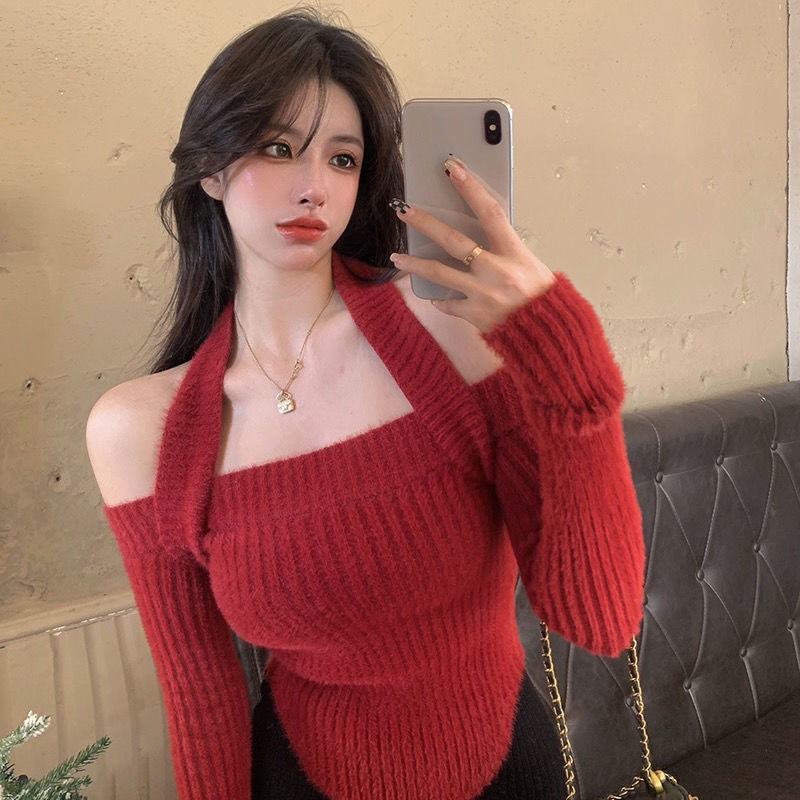 Naiste õlgadeta pulloverid, disainitud päitsetega Seksikad kärbitud kampsunid High Street Stiilsed, ühevärvilised punased õhukesed kuduvad džemprid