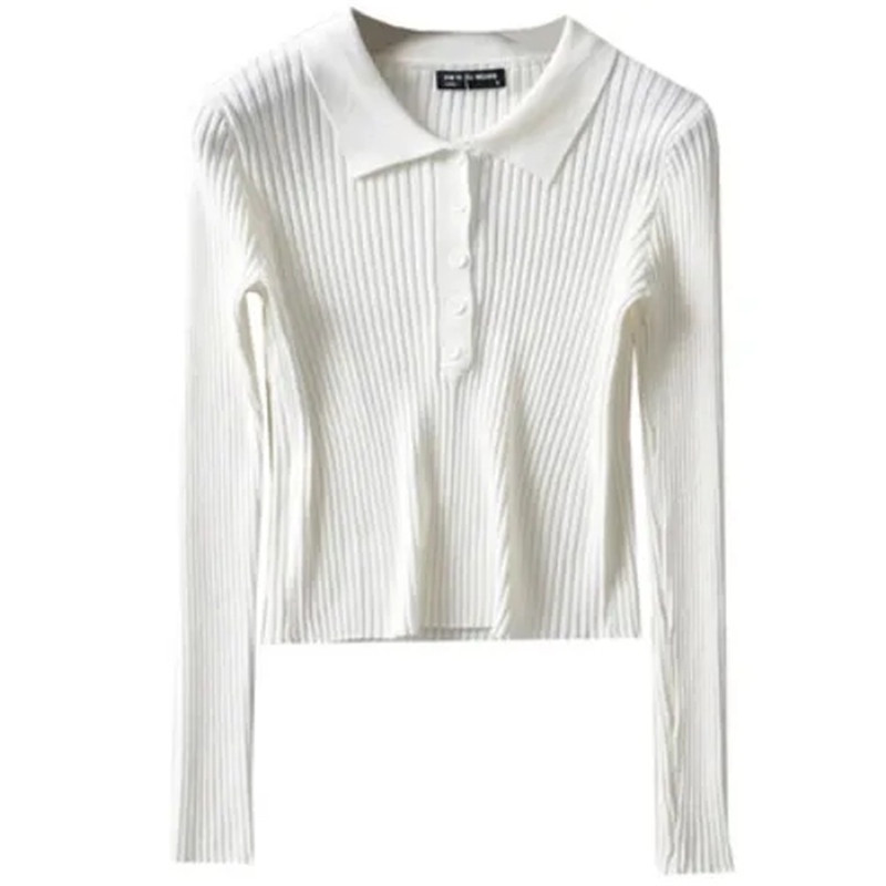 Κορεατικά κουμπιά μόδας Cropped πλεκτό πουκάμισο πόλο Γυναικείο πουλόβερ Φθινοπωρινή μόδα Κομψά μακρυμάνικα μπλουζάκια Γυναικεία πλεκτά γυναικεία