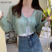 Kardigani Ženske kreme za sunčanje Izdubljeni Nježni Udobni Prozračni Novo proljeće Ulzzang Holiday Mori Djevojka Chic V-izrez Dizajn Kratko slobodno vrijeme