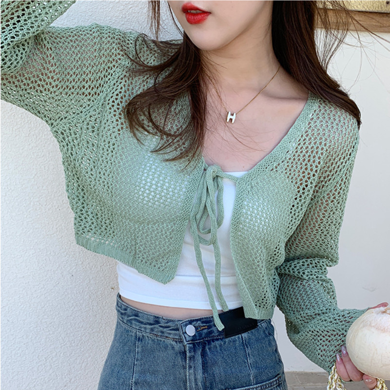 Kardigani Ženske kreme za sunčanje Izdubljeni Nježni Udobni Prozračni Novo proljeće Ulzzang Holiday Mori Djevojka Chic V-izrez Dizajn Kratko slobodno vrijeme