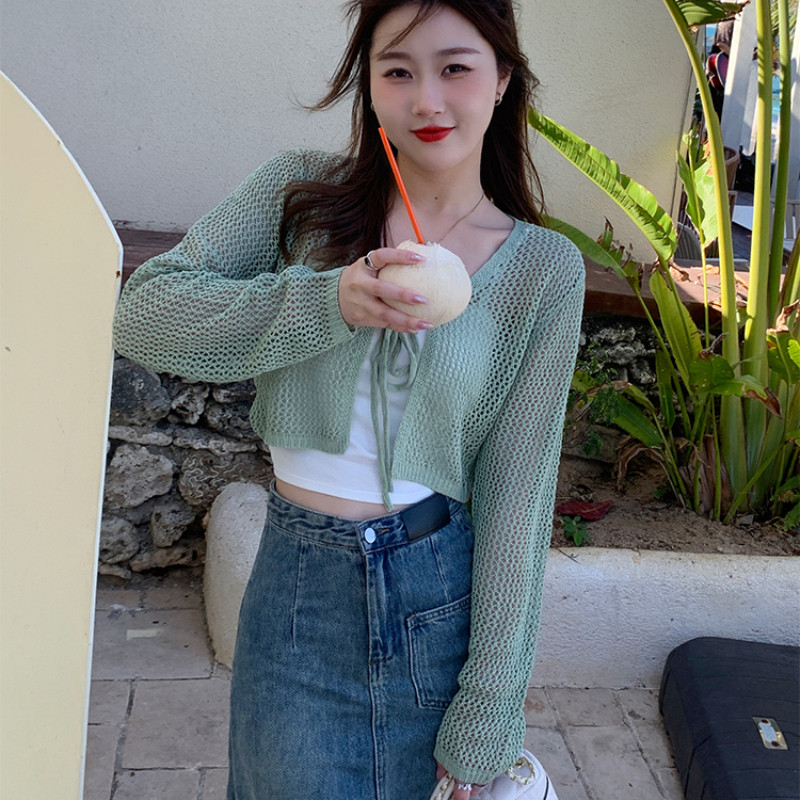 Kardigani Ženske kreme za sunčanje Izdubljeni Nježni Udobni Prozračni Novo proljeće Ulzzang Holiday Mori Djevojka Chic V-izrez Dizajn Kratko slobodno vrijeme