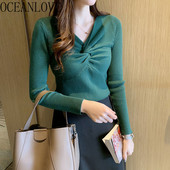 OCEANLOVE Elegantni ženski džemperi s V izrezom Jesen Zimska odjeća Vezana uska odjeća De Mujer Korejska moda Pull Femme Casual