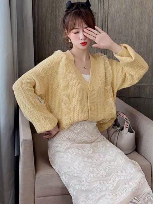 Cardigan cu decolteu în V Femei Temperament Nou Largi All-match Femei Tricotat Toamnă Chic Ins Moda fragedă Casual Fete tinere de colegiu