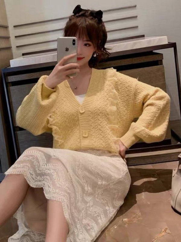 Cardigan cu decolteu în V Femei Temperament Nou Largi All-match Femei Tricotat Toamnă Chic Ins Moda fragedă Casual Fete tinere de colegiu