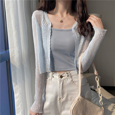 Cardigan femei cu decolteu în V, solid, subțire, tricotate, topuri subțiri, stil coreean pentru femei, modă simplă, mânecă lungă, protecție solară, vară dulce