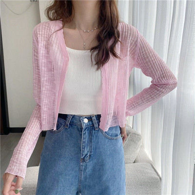 Cardigan femei cu decolteu în V, solid, subțire, tricotate, topuri subțiri, stil coreean pentru femei, modă simplă, mânecă lungă, protecție solară, vară dulce