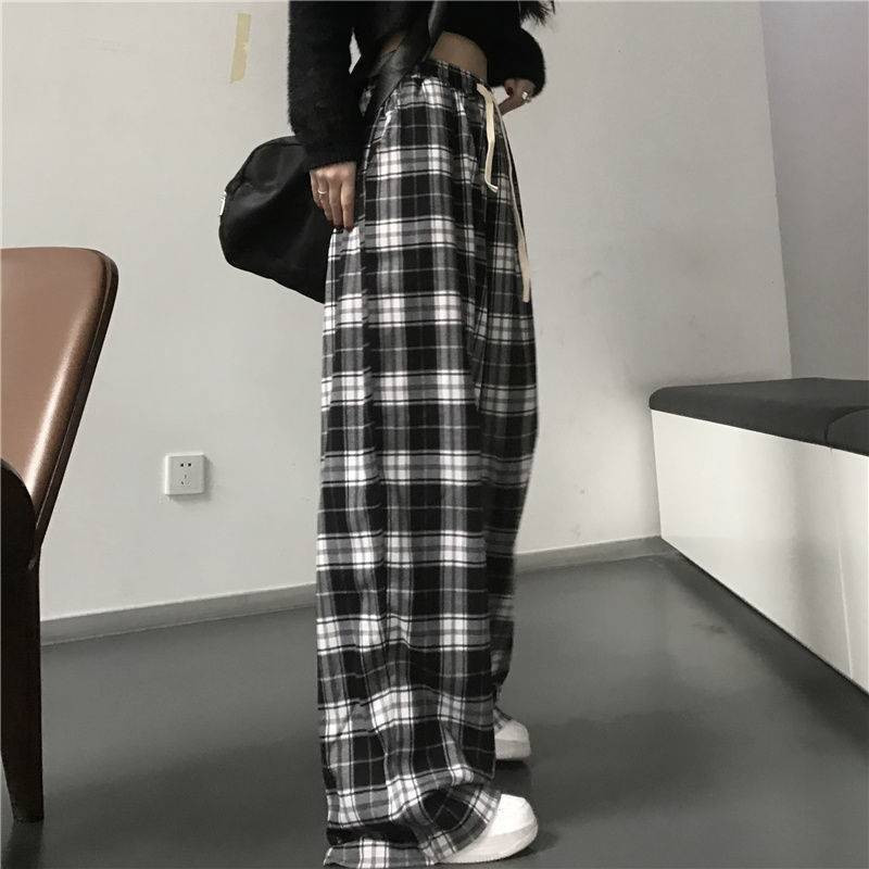 Καλοκαιρινό ασπρόμαυρο καρό υπερμεγέθη Γυναικεία casual φαρδιά φαρδιά παντελόνια με ρετρό ίσιο εφηβικό παντελόνι Hiphop Streetwear