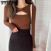 Γυναικείο κοντό πουλόβερ Σέξι κούφιο πουλόβερ πλεκτό γυναικείο πουλόβερ Κορεάτικο μακρυμάνικο πουλόβερ μάλλινο κορυφαίο πουλόβερ Y2k