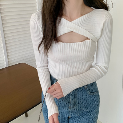 Γυναικείο κοντό πουλόβερ Σέξι κούφιο πουλόβερ πλεκτό γυναικείο πουλόβερ Κορεάτικο μακρυμάνικο πουλόβερ μάλλινο κορυφαίο πουλόβερ Y2k
