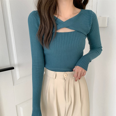 Γυναικείο κοντό πουλόβερ Σέξι κούφιο πουλόβερ πλεκτό γυναικείο πουλόβερ Κορεάτικο μακρυμάνικο πουλόβερ μάλλινο κορυφαίο πουλόβερ Y2k