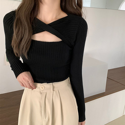 Γυναικείο κοντό πουλόβερ Σέξι κούφιο πουλόβερ πλεκτό γυναικείο πουλόβερ Κορεάτικο μακρυμάνικο πουλόβερ μάλλινο κορυφαίο πουλόβερ Y2k