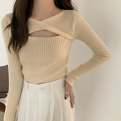 Γυναικείο κοντό πουλόβερ Σέξι κούφιο πουλόβερ πλεκτό γυναικείο πουλόβερ Κορεάτικο μακρυμάνικο πουλόβερ μάλλινο κορυφαίο πουλόβερ Y2k