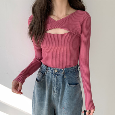 Γυναικείο κοντό πουλόβερ Σέξι κούφιο πουλόβερ πλεκτό γυναικείο πουλόβερ Κορεάτικο μακρυμάνικο πουλόβερ μάλλινο κορυφαίο πουλόβερ Y2k