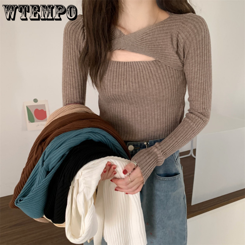 Γυναικείο κοντό πουλόβερ Σέξι κούφιο πουλόβερ πλεκτό γυναικείο πουλόβερ Κορεάτικο μακρυμάνικο πουλόβερ μάλλινο κορυφαίο πουλόβερ Y2k
