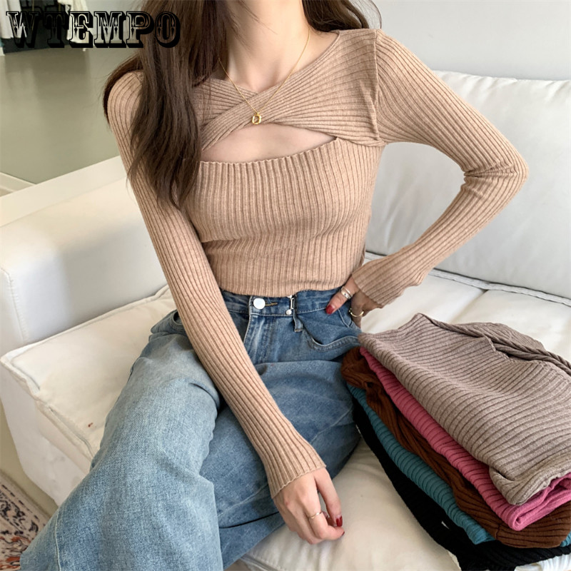Γυναικείο κοντό πουλόβερ Σέξι κούφιο πουλόβερ πλεκτό γυναικείο πουλόβερ Κορεάτικο μακρυμάνικο πουλόβερ μάλλινο κορυφαίο πουλόβερ Y2k