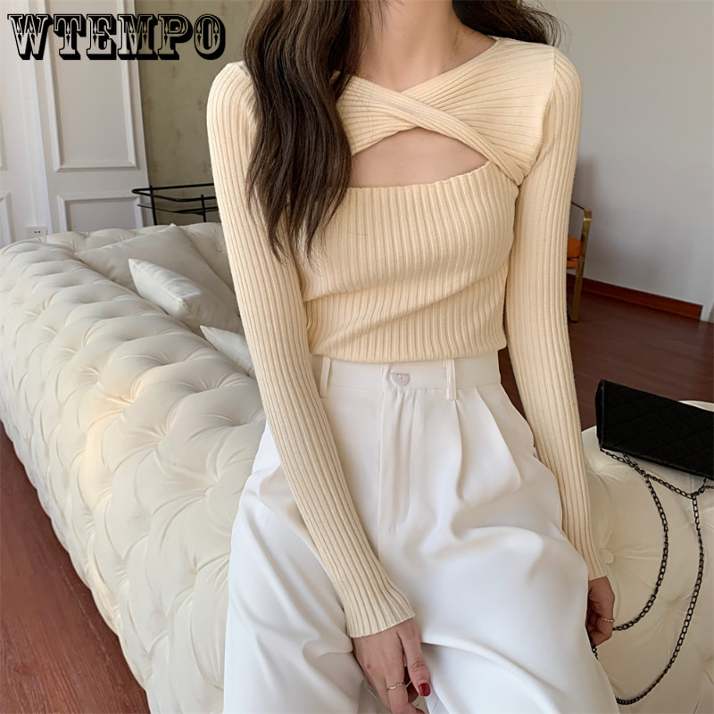 Γυναικείο κοντό πουλόβερ Σέξι κούφιο πουλόβερ πλεκτό γυναικείο πουλόβερ Κορεάτικο μακρυμάνικο πουλόβερ μάλλινο κορυφαίο πουλόβερ Y2k