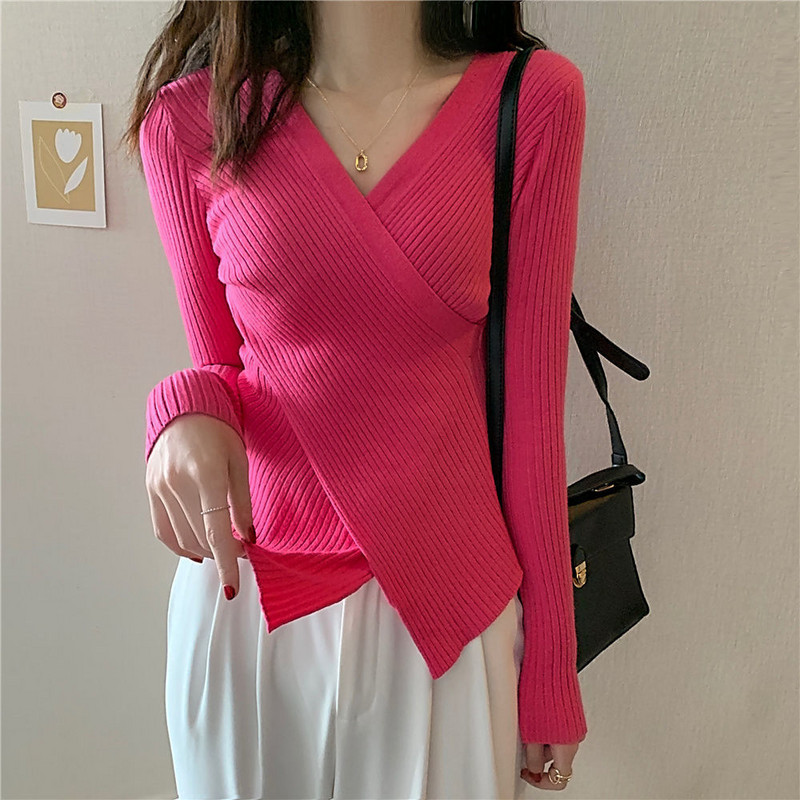 Puloveri Ženski mršavi Ulzzang koledž s križnim izrezom u 12 boja Raznobojni rastezljivi Mujer pletivi Nježni udobni džemper