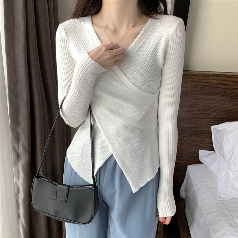 Puloveri Ženski mršavi Ulzzang koledž s križnim izrezom u 12 boja Raznobojni rastezljivi Mujer pletivi Nježni udobni džemper