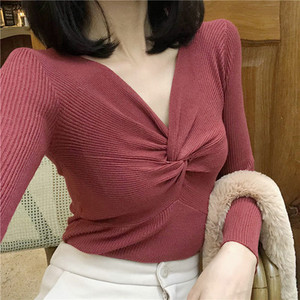 Zoki pulover Džemper s križnim V izrezom Jesenski pulover dugih rukava Tanak elastični mekani pleteni džemper Modni elegantni ženski bluza Basic