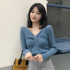 Zoki pulover Džemper s križnim V izrezom Jesenski pulover dugih rukava Tanak elastični mekani pleteni džemper Modni elegantni ženski bluza Basic