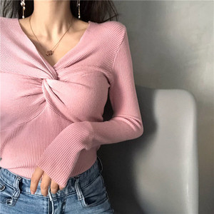 Zoki pulover Džemper s križnim V izrezom Jesenski pulover dugih rukava Tanak elastični mekani pleteni džemper Modni elegantni ženski bluza Basic