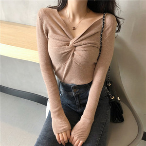 Zoki pulover Džemper s križnim V izrezom Jesenski pulover dugih rukava Tanak elastični mekani pleteni džemper Modni elegantni ženski bluza Basic