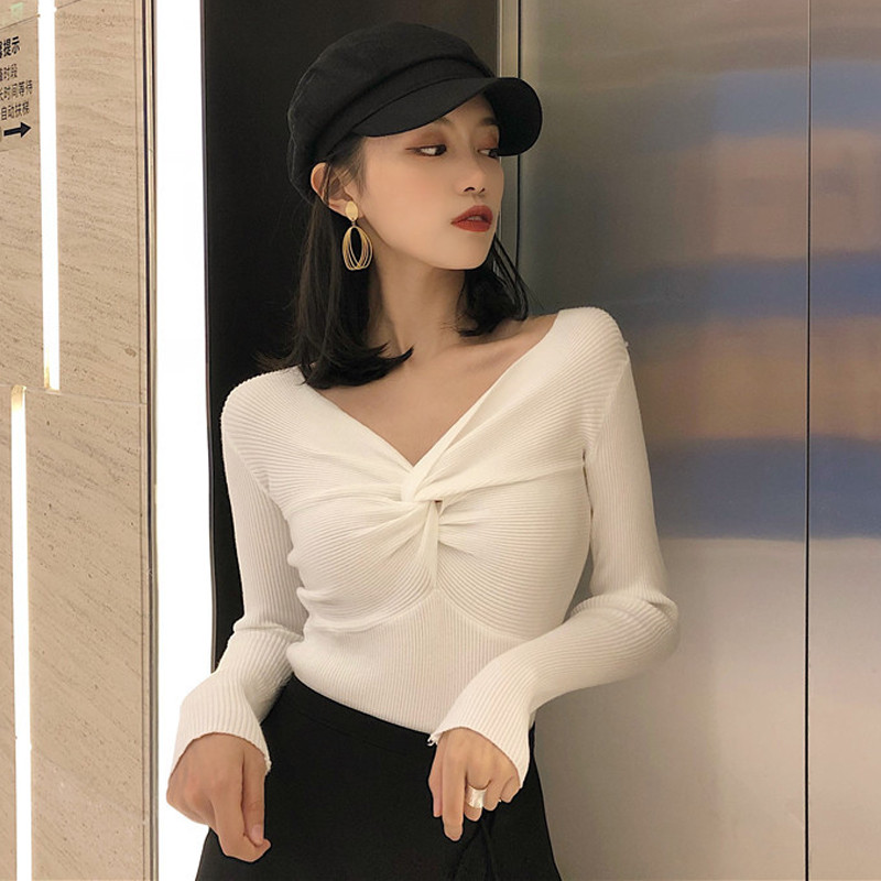 Zoki pulover Džemper s križnim V izrezom Jesenski pulover dugih rukava Tanak elastični mekani pleteni džemper Modni elegantni ženski bluza Basic