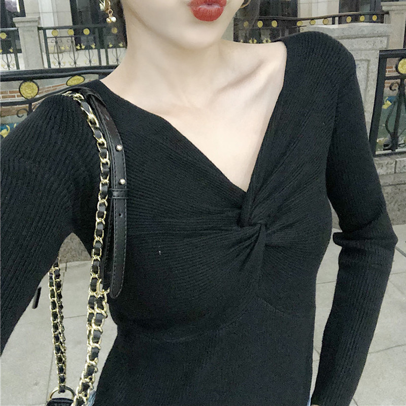 Zoki pulover Džemper s križnim V izrezom Jesenski pulover dugih rukava Tanak elastični mekani pleteni džemper Modni elegantni ženski bluza Basic