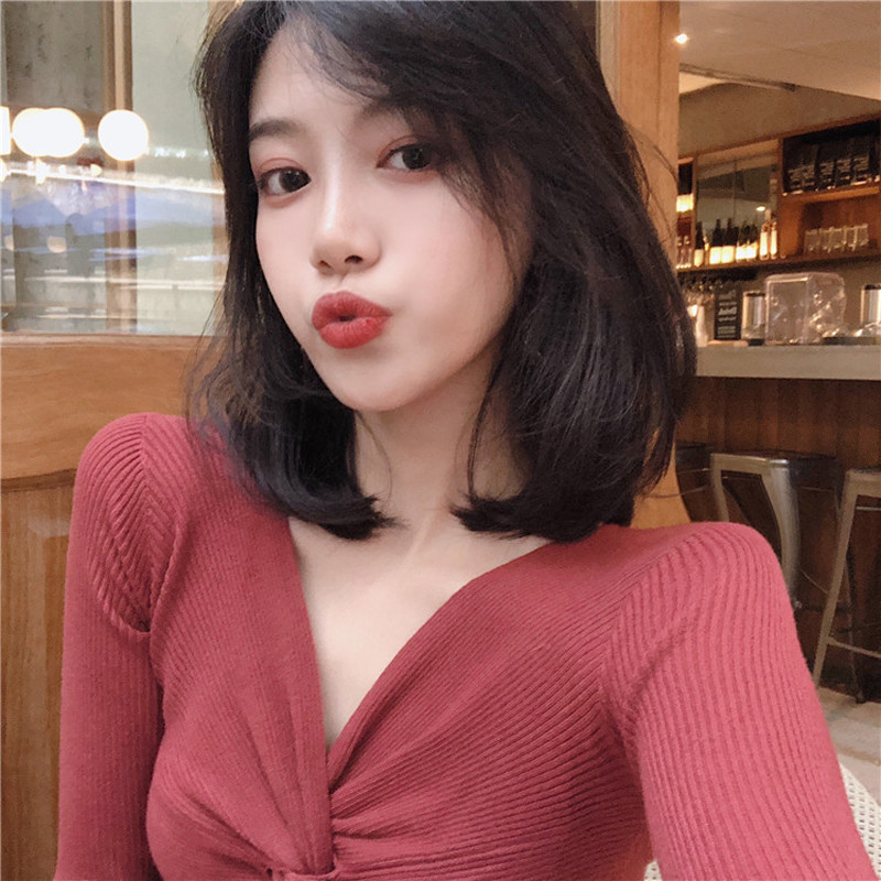 Zoki pulover Džemper s križnim V izrezom Jesenski pulover dugih rukava Tanak elastični mekani pleteni džemper Modni elegantni ženski bluza Basic